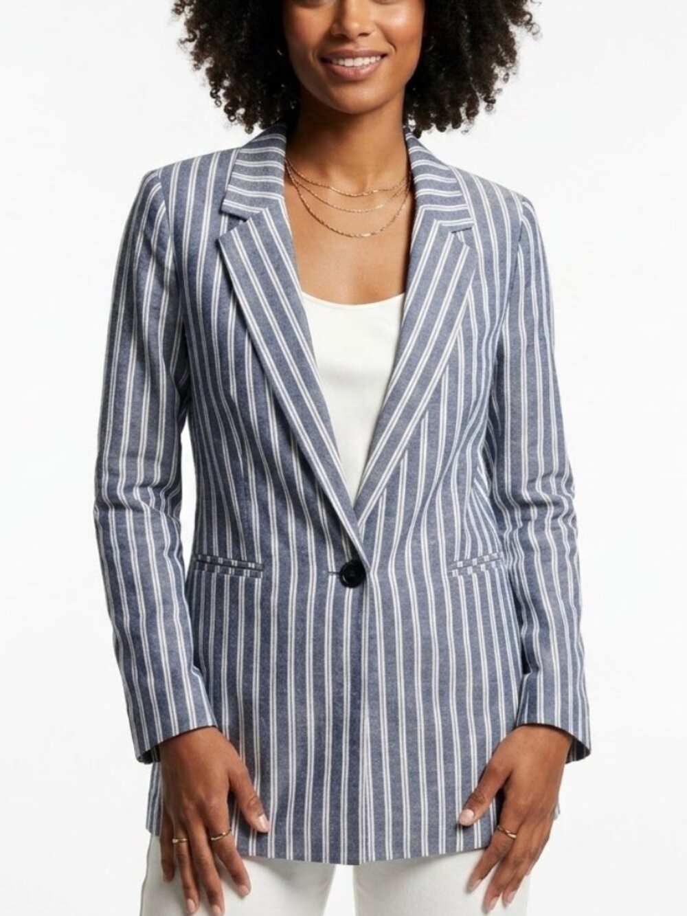 IVIVI Coastal Grandmother Pinstripe Blazer Linen Blend Blue White Size S